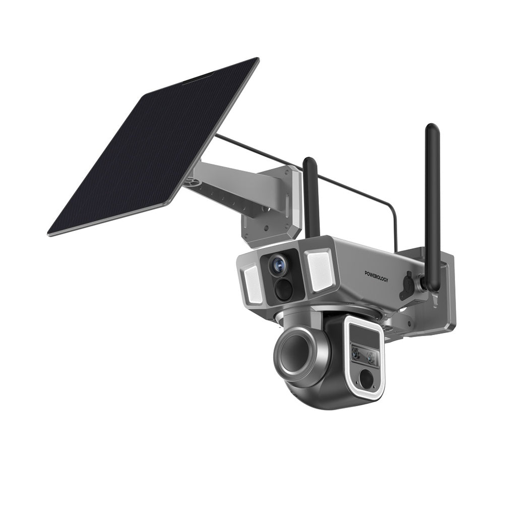 Powerology 4G WiFi 360° Dual Lens Outdoor Security Camera with 10X Zoom, Solar Panel & AI Motion Detection – Black