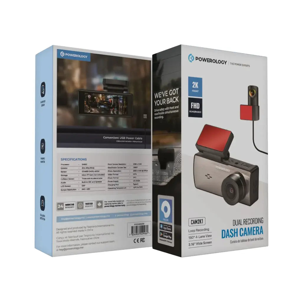 Powerology Dual Recording Dash Camera 2K Front + Full HD Rear Camera with 3.16" Display – Black