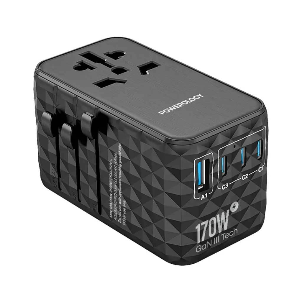 Powerology GaN 170W Universal Travel Adapter with 3 USB-C & USB-A Fast Charging Ports – Black
