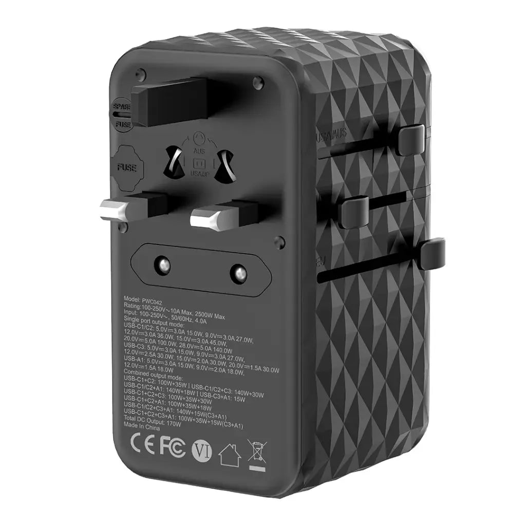 Powerology GaN 170W Universal Travel Adapter with 3 USB-C & USB-A Fast Charging Ports – Black