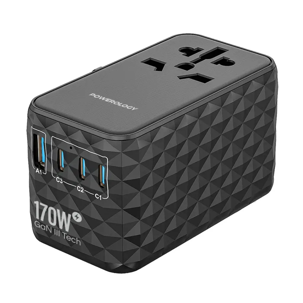 Powerology GaN 170W Universal Travel Adapter with 3 USB-C & USB-A Fast Charging Ports – Black