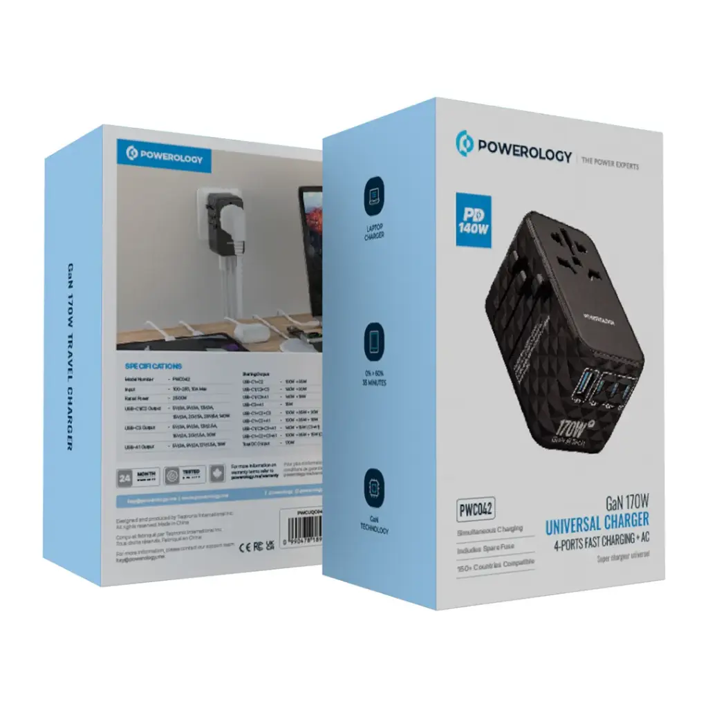 Powerology GaN 170W Universal Travel Adapter with 3 USB-C & USB-A Fast Charging Ports – Black