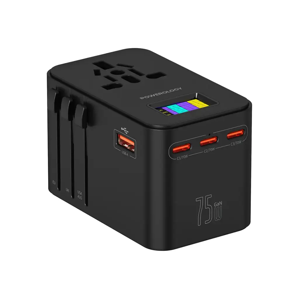 Powerology GaN 75W Universal Travel Adapter with Digital Display, 3 USB-C & USB-A Ports – Black