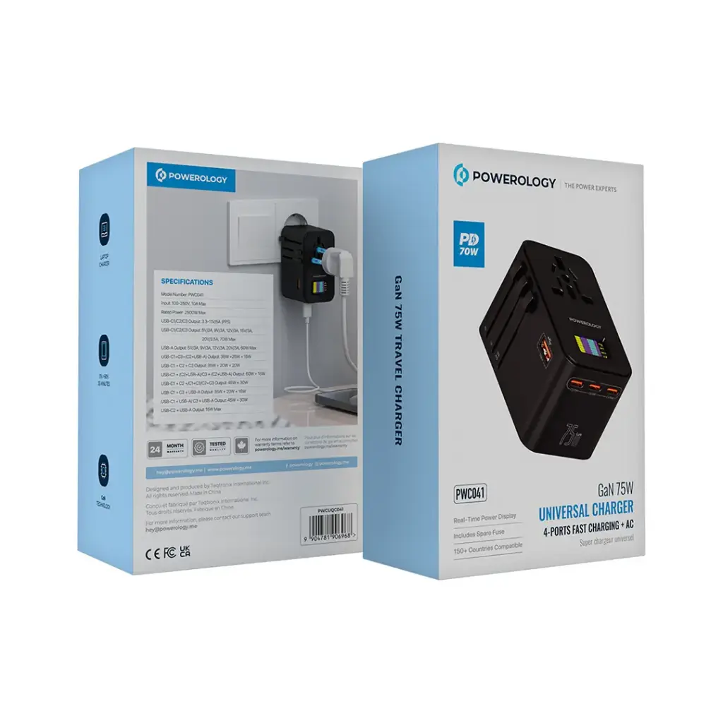 Powerology GaN 75W Universal Travel Adapter with Digital Display, 3 USB-C & USB-A Ports – Black