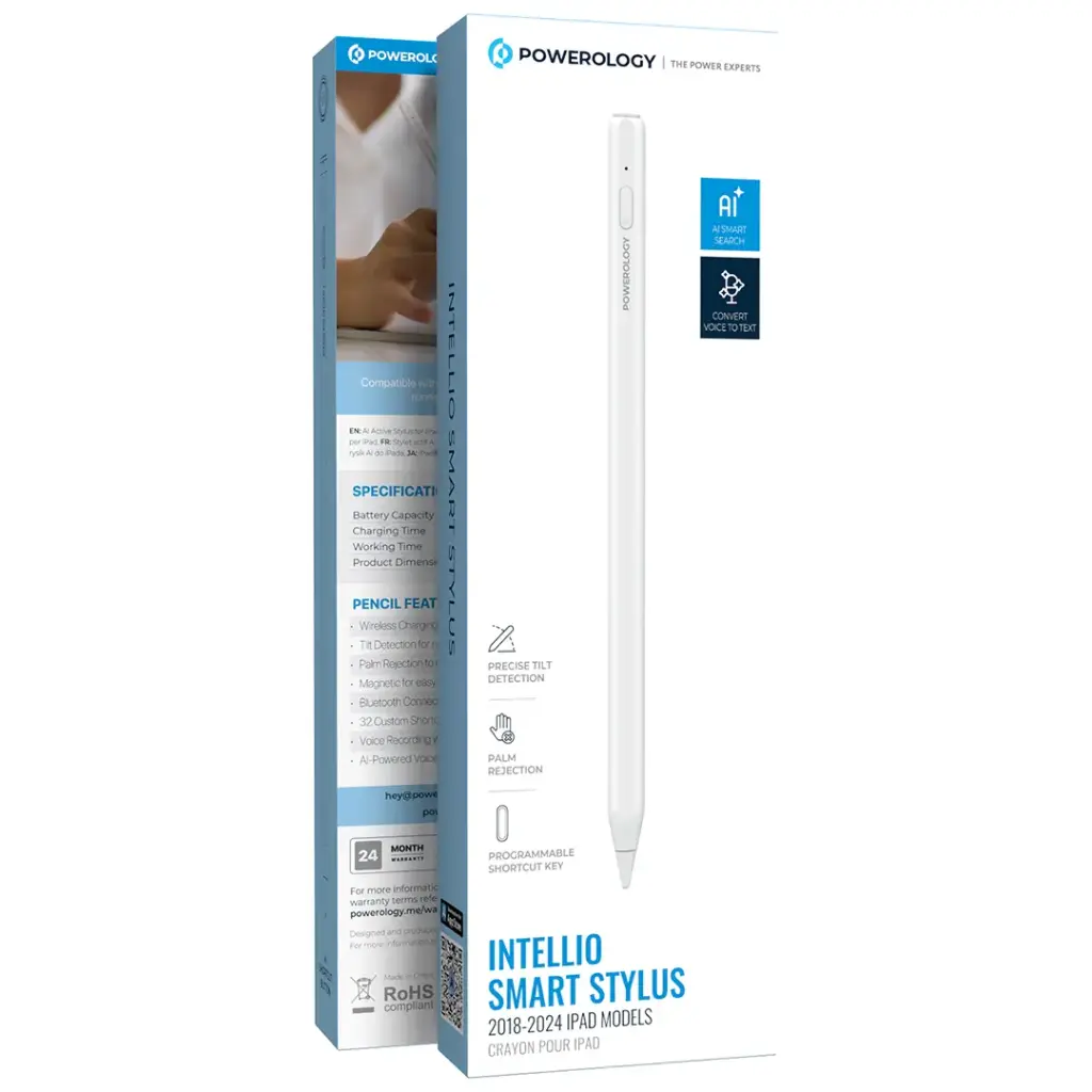 Powerology Intellio AI Bluetooth Smart Stylus Pen for iPad 2018–2024 Models – White