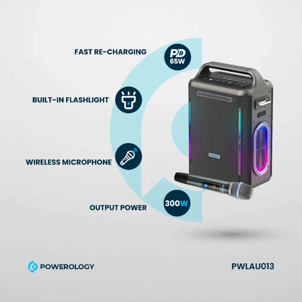 Powerology TWS Karaoke Party Speaker 300W with Wireless Microphone, RGB Lights & Remote Control – Silver