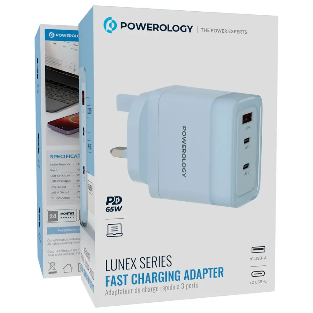 Powerology Lunex Series 65W Fast Charging Adapter USB-C + USB-C + USB-A – Multiple Colors