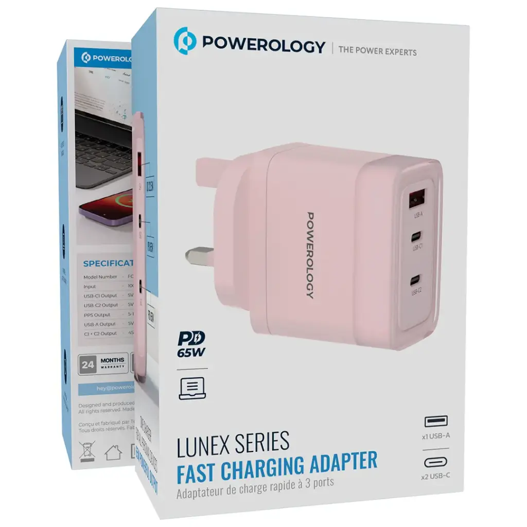 Powerology Lunex Series 65W Fast Charging Adapter USB-C + USB-C + USB-A – Multiple Colors