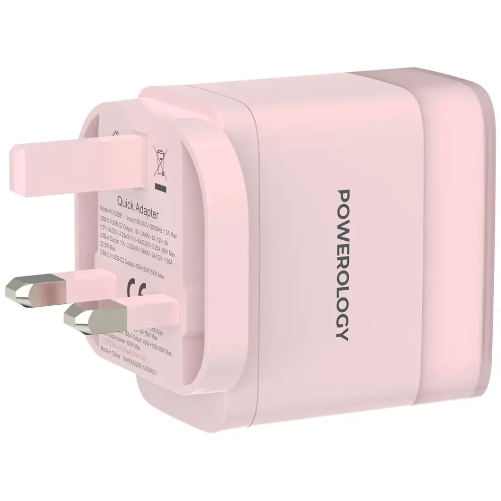 Powerology Lunex Series 65W Fast Charging Adapter USB-C + USB-C + USB-A – Multiple Colors