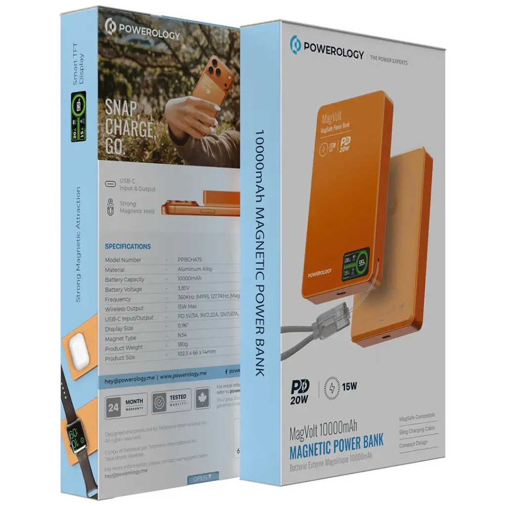 Powerology MagVolt 10000mAh Magnetic Wireless Power Bank with TFT Display & 20W PD Fast Charging – Black & Orange