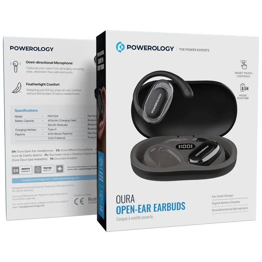 Powerology Oura Open-Ear OWS Earbuds with Dual ENC Microphones & Fast Charging Case – Black