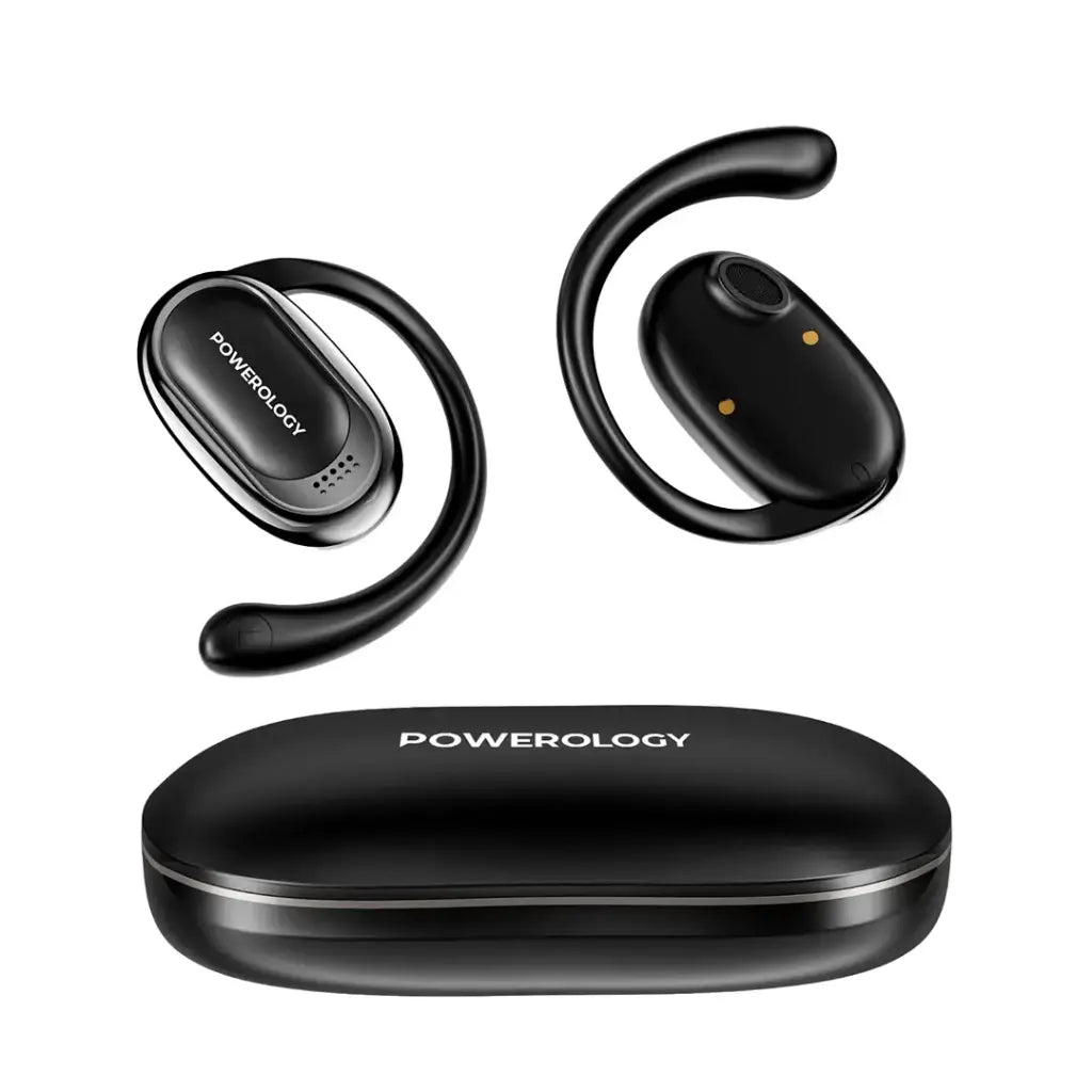 Powerology Oura Open-Ear OWS Earbuds with Dual ENC Microphones & Fast Charging Case – Black
