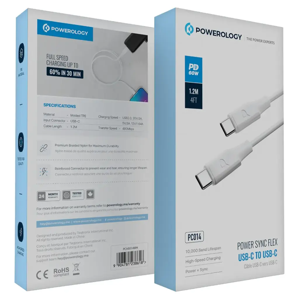 Powerology Power Sync Flex USB-C to USB-C Cable 60W PD 1.2M – Black & White