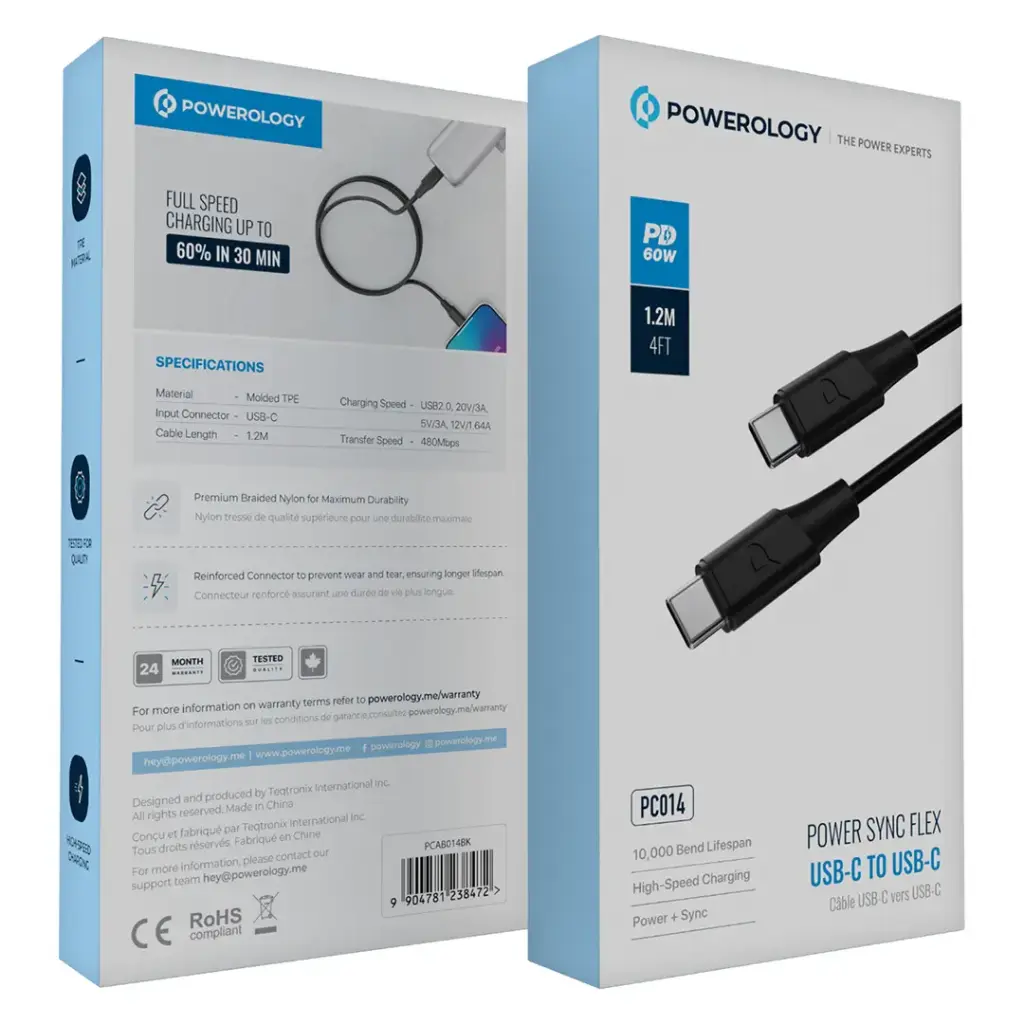 Powerology Power Sync Flex USB-C to USB-C Cable 60W PD 1.2M – Black & White