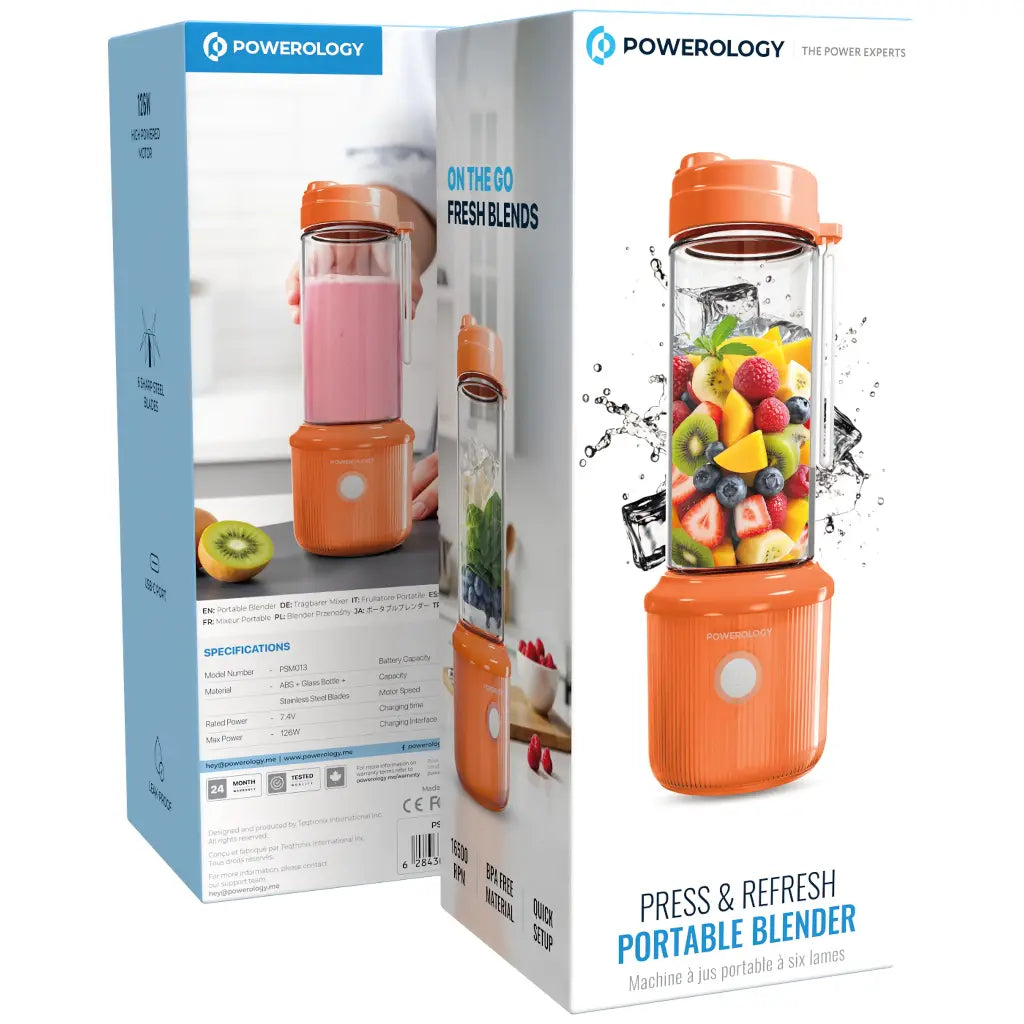 Powerology Press & Refresh Portable Blender 450ml 2500mAh 6-Blade Portable Juicer – Orange