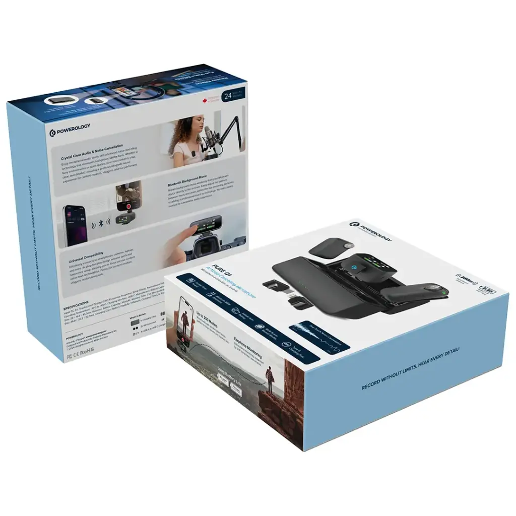 Powerology Pure Q1 AI Noise-Cancelling Wireless Microphone System with Touchscreen Display – Black