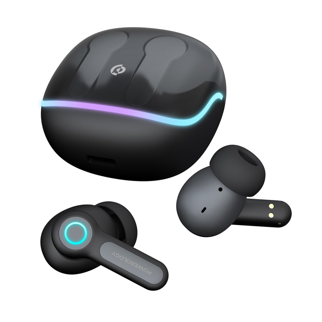 Powerology Quad Mic ENC TWS Earbuds with RGB Charging Case & Game Mode – Black