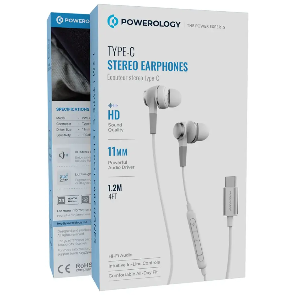 Powerology Type-C Stereo Earphones with HD Audio, 11mm Drivers & In-Line Controls – White