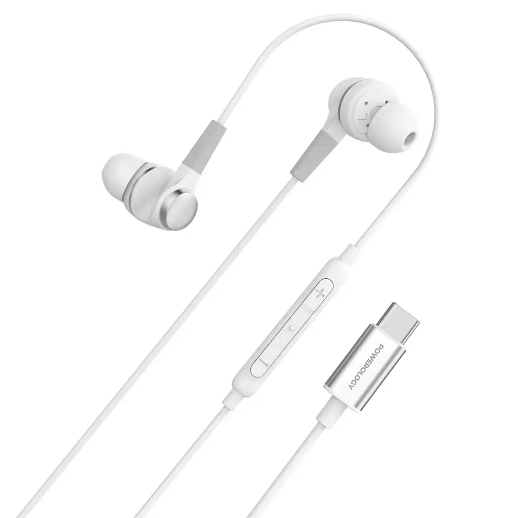 Powerology Type-C Stereo Earphones with HD Audio, 11mm Drivers & In-Line Controls – White