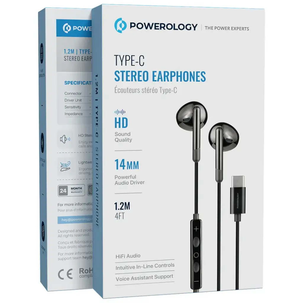 Powerology Type-C Stereo Earphones with HD Sound, 14mm Drivers & In-Line Controls – Black