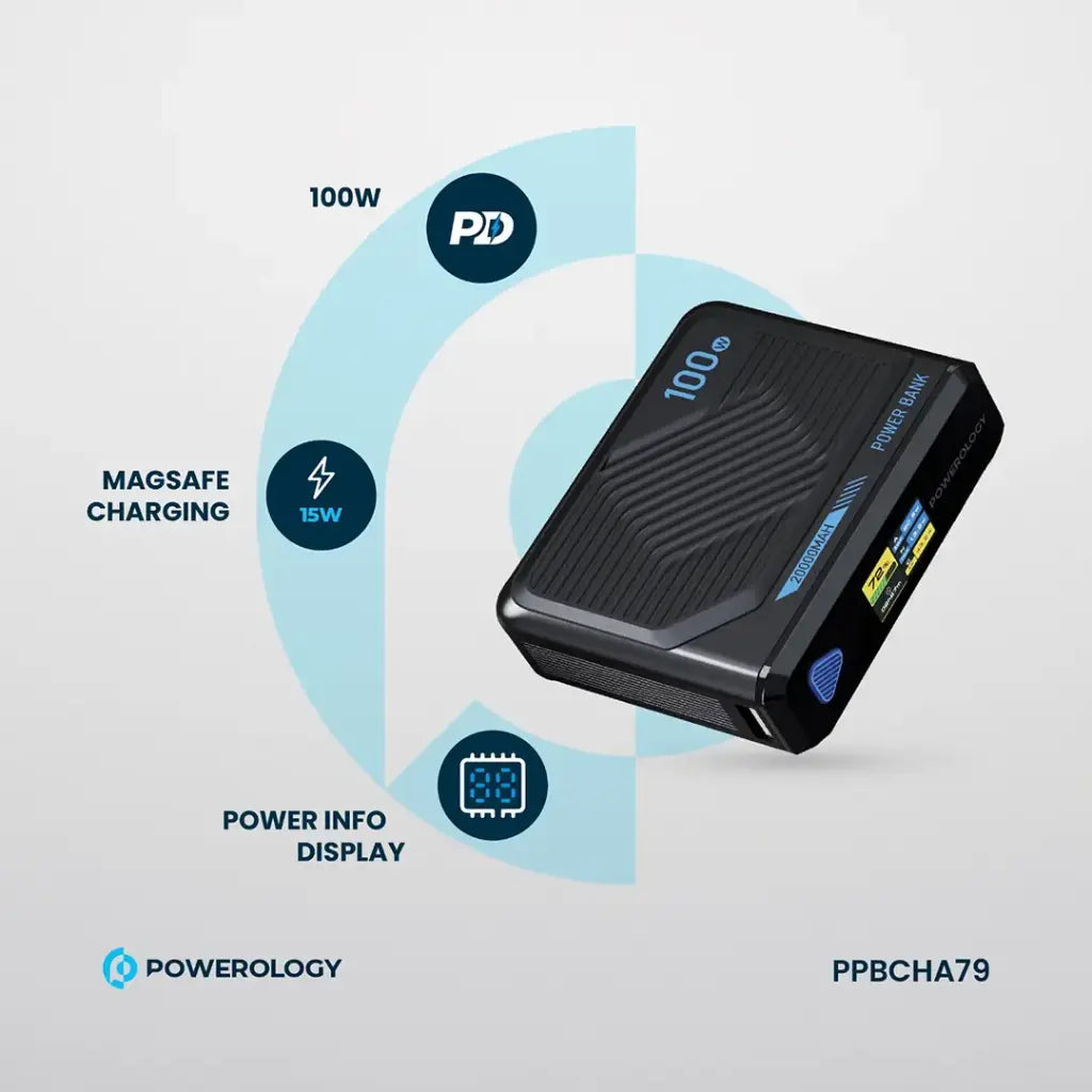 Powerology Ultra-Mini 20000mAh Power Bank 100W PD with 15W MagSafe Wireless Charging – Black