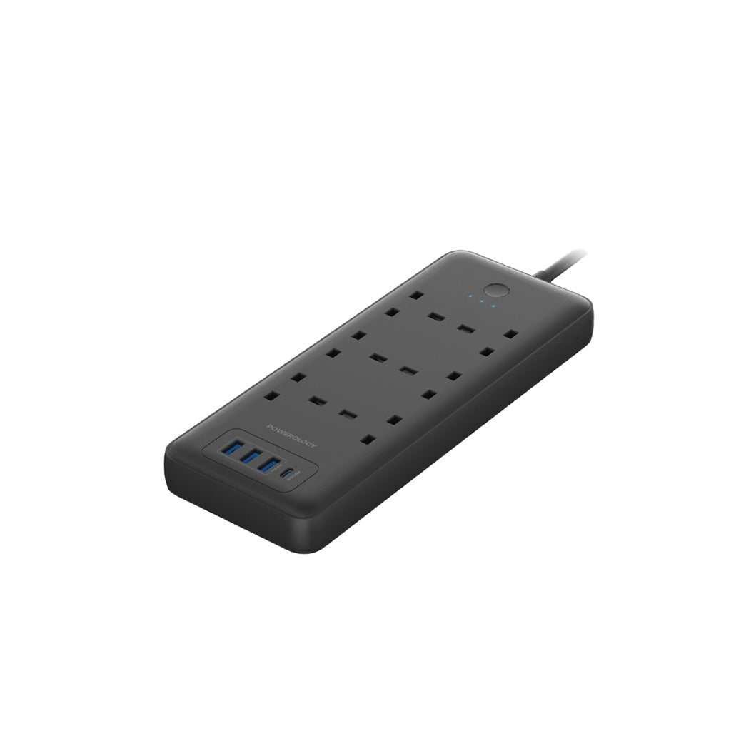 Powerology 48W Power Strip with 6 AC Outlets, 30W PD USB-C & 3 QC USB-A Ports – UK Plug – Black