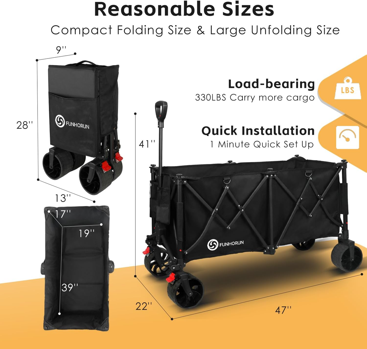FUNHORUN Foldable Camping Cart Heavy Duty Collapsible Folding Wagon with Wheels and Brake