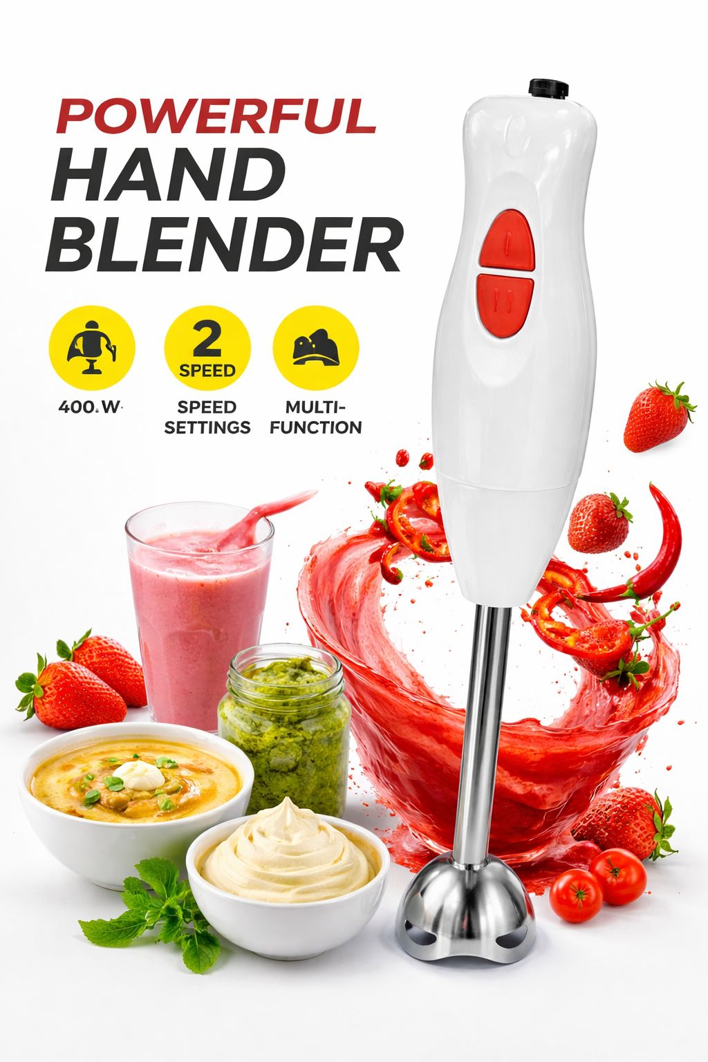 Hand Blender 300W – Multi-Function Stick Blender with 2 Speeds