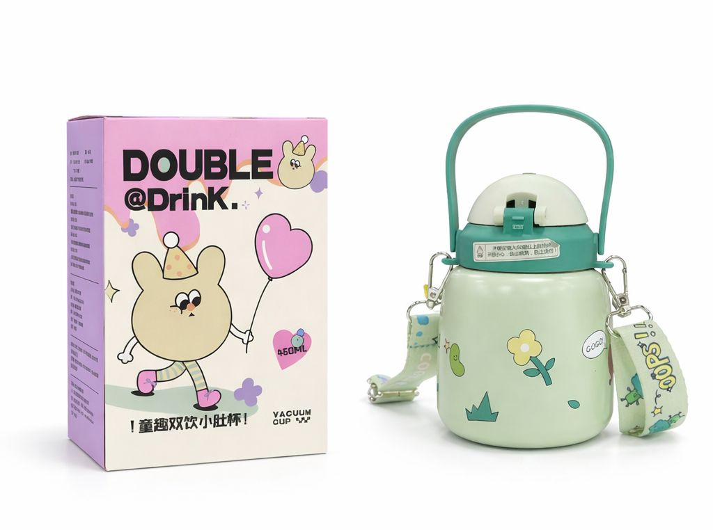 Double Drink Kids Vacuum Bottle 460ML – Insulated Straw Water Bottle with Handle
