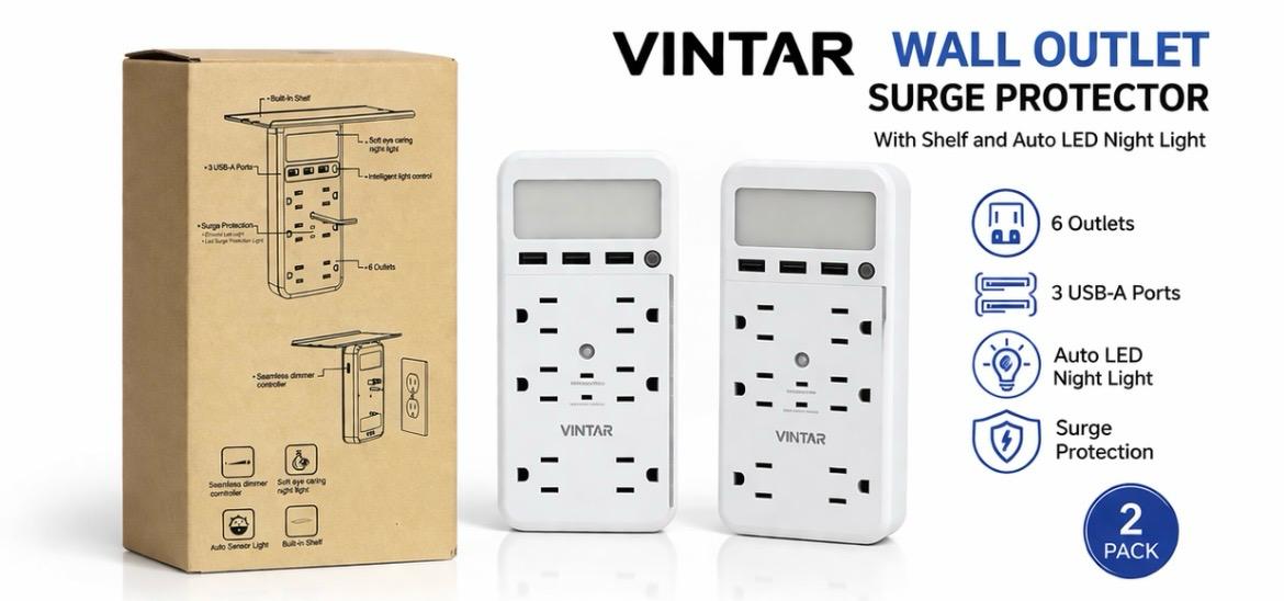 VINTAR Wall Outlet Surge Protector with Shelf & LED Night Light – 6 Outlets + USB Ports (2 Pack)