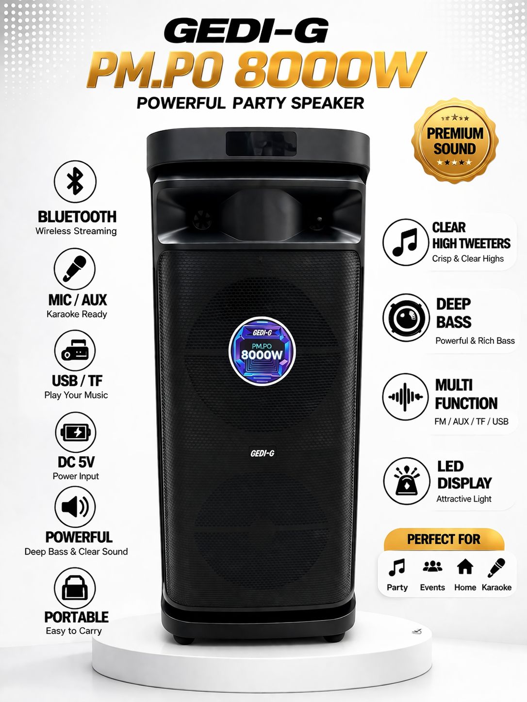 GEDI-G Wireless Speaker 8000W PMPO – Bluetooth Party Speaker with Deep Bass