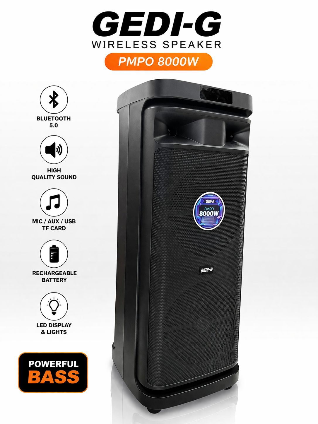 GEDI-G Wireless Speaker 8000W PMPO – Bluetooth Party Speaker with Deep Bass