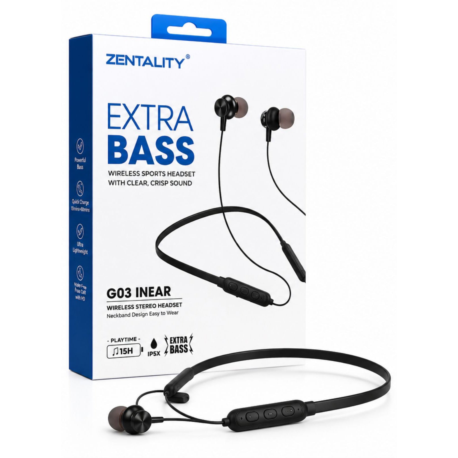 Zentality G03 In-Ear Wireless Sports Neckband Headset with Extra Bass – Black