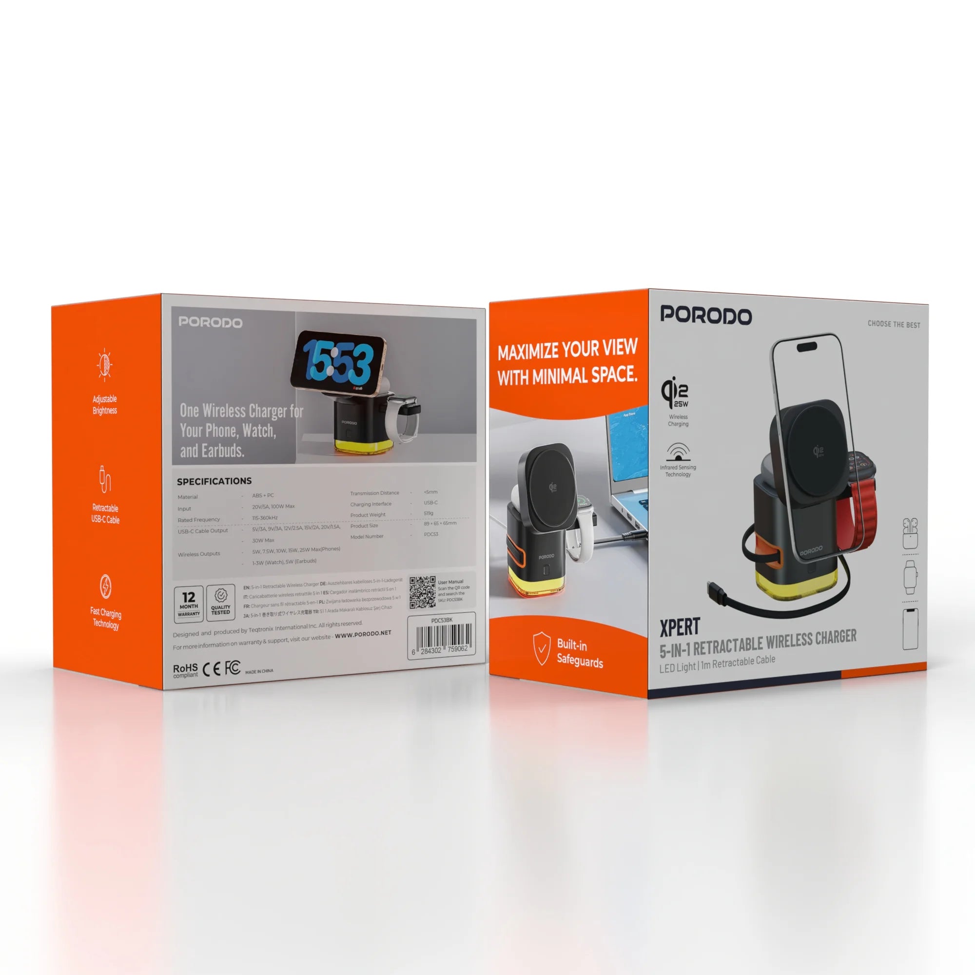Wireless Charging Station 5-in-1 Qi2 25W with LED Light & Retractable Cable – Porodo