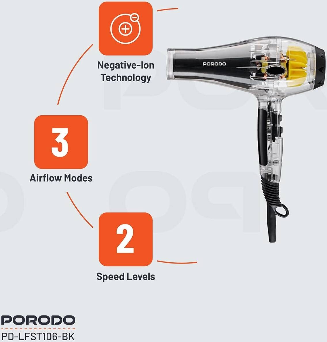 مجفف الشعر Porodo Lifestyle Crystal Shell مع 3 فوهات تصفيف