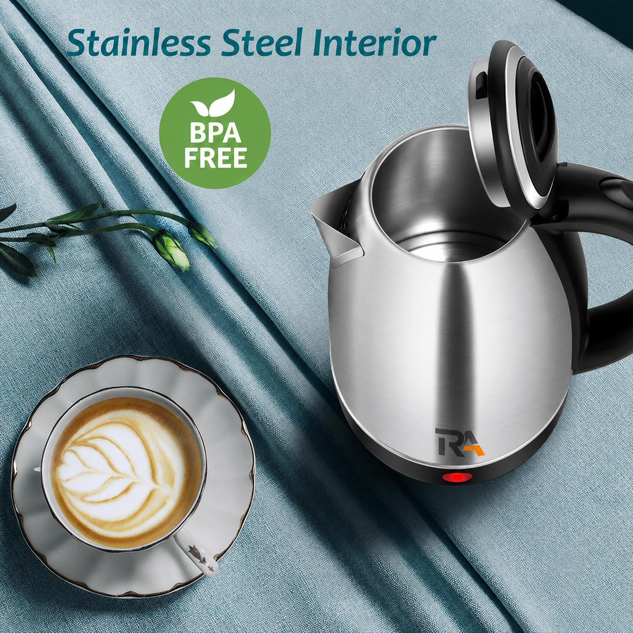 RA Store Stainless Steel Electric Kettle 2.0L Fast Boiling BPA-Free – Silver & Black