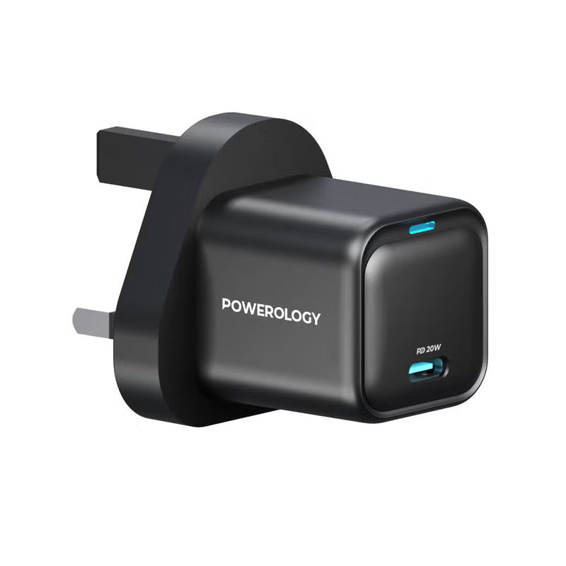 Powerology Ultra-Compact GaN Charger 20W USB-C PD Fast Charging UK Plug – Black