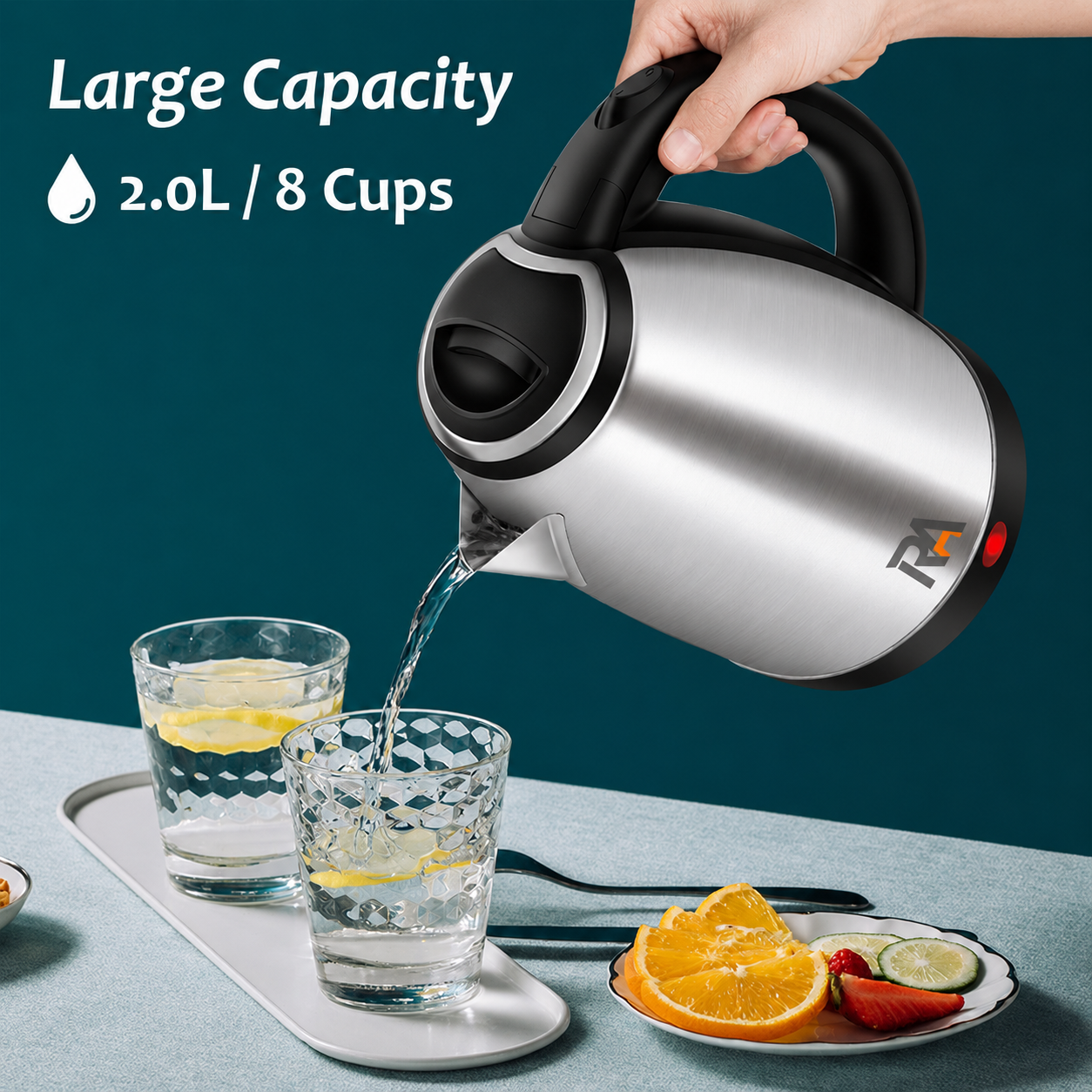 RA Store Stainless Steel Electric Kettle 2.0L Fast Boiling BPA-Free – Silver & Black
