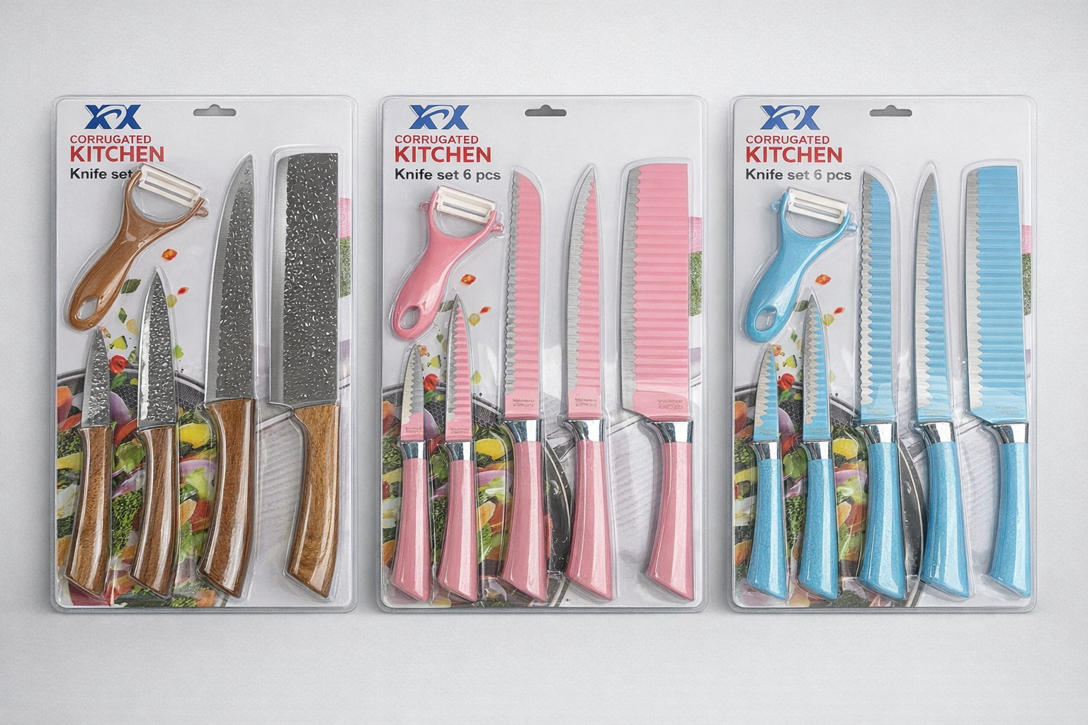 Corrugated Kitchen Knife Set 6 Pieces with Peeler – Stainless Steel Blades