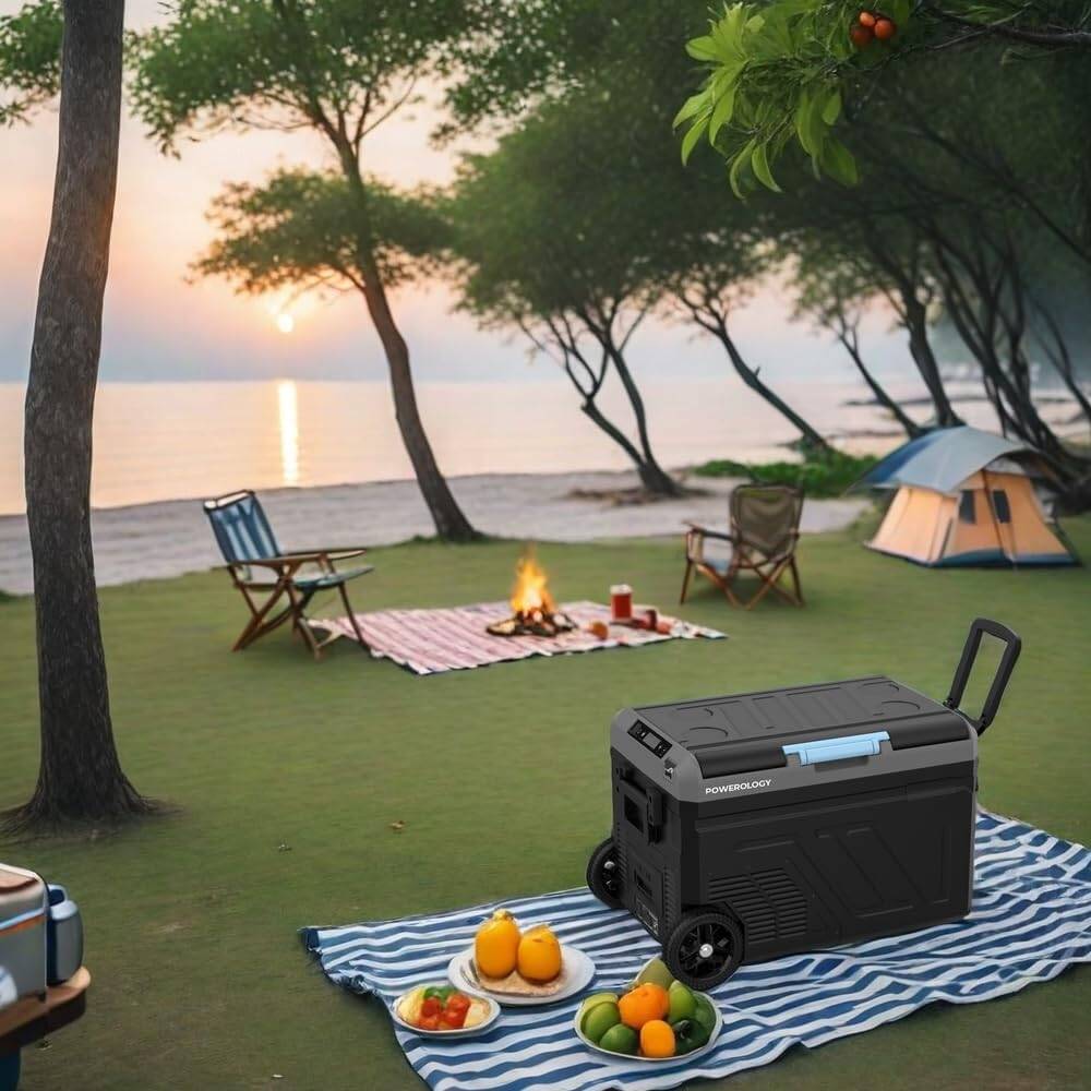 Powerology Portable Fridge 40L with Dual Compartment and Trolly - Gray