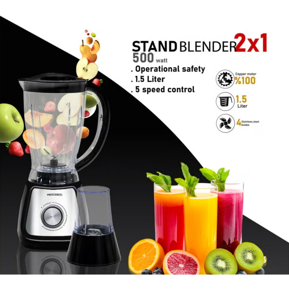 Mediatech 2 In 1 Blender & Grinder | 1.5L  | 5 Speeds | Pulse Function | Stainless Steel — Image 3