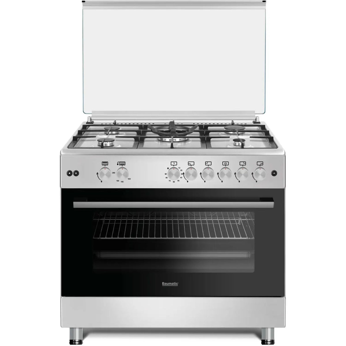 Baumatic Free Standing 5 Burner Gas Cooker 90cm Stainless Steel/Black BMEC9GGTSS — Image 1