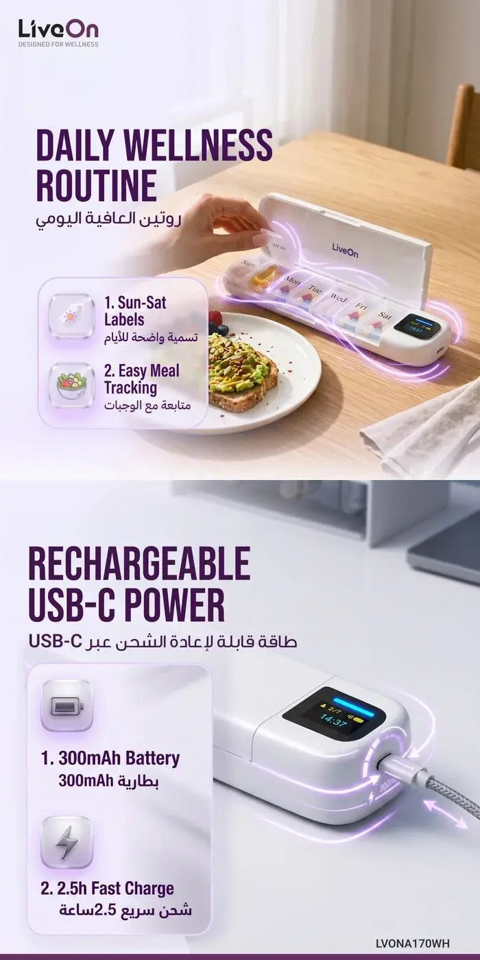 Liveon Portable Smart Pill Organizer TFT display with App and Alert - White — Image 4