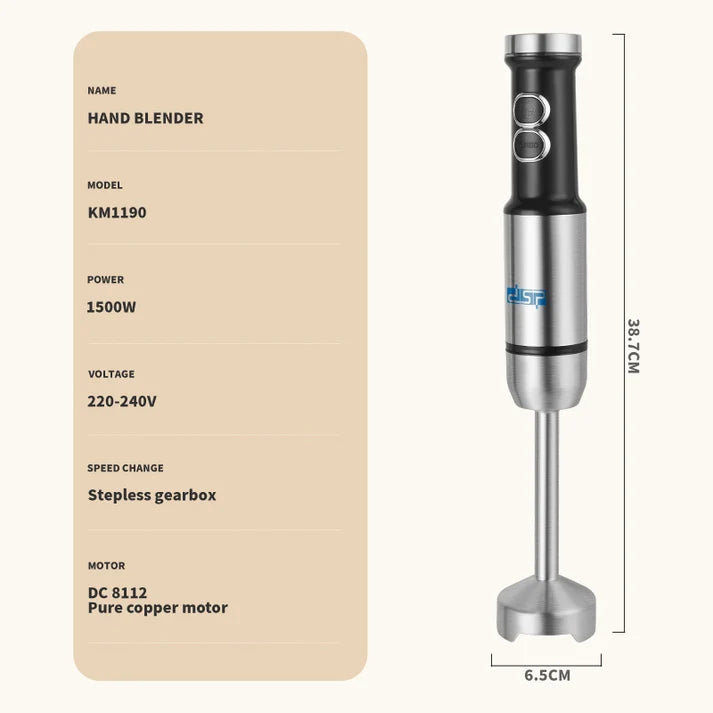 DSP 1500W Hand Blender Turbo Function 2-Speed & Variable Control Stainless Steel 4-Blade KM1190