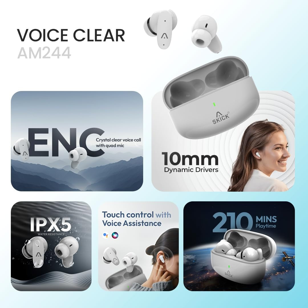 Skick Voice Clear AM244 TWS Quad Mics with ENC Tech ASAP Charging, Bluetooth V5.3 White — Image 2