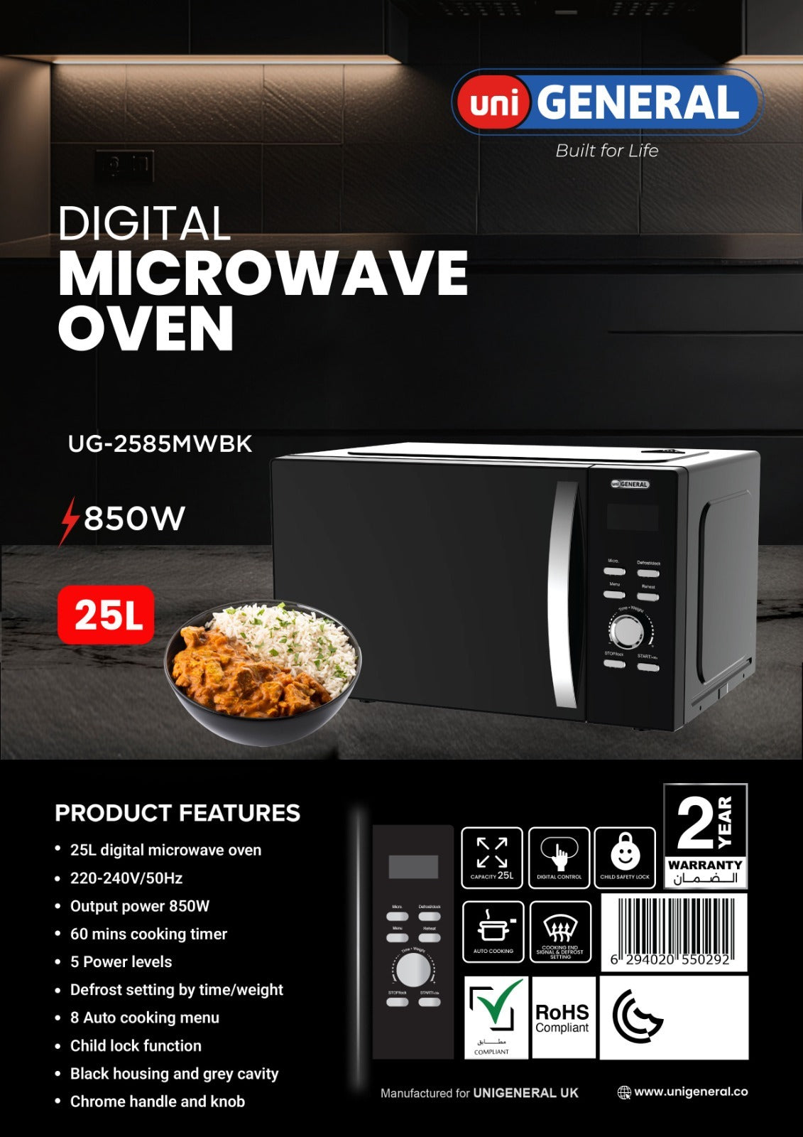Uni General Microwave Oven 25L in Black UG-2585MWBK — Image 2
