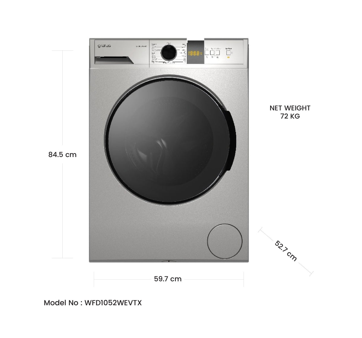 Gratus 10 KG Front Load Washing Machine, 1400 RPM 15 Wash Programs, Inverter Motor, Digital Display (Inox)  WFD1052WEVTX — Image 4