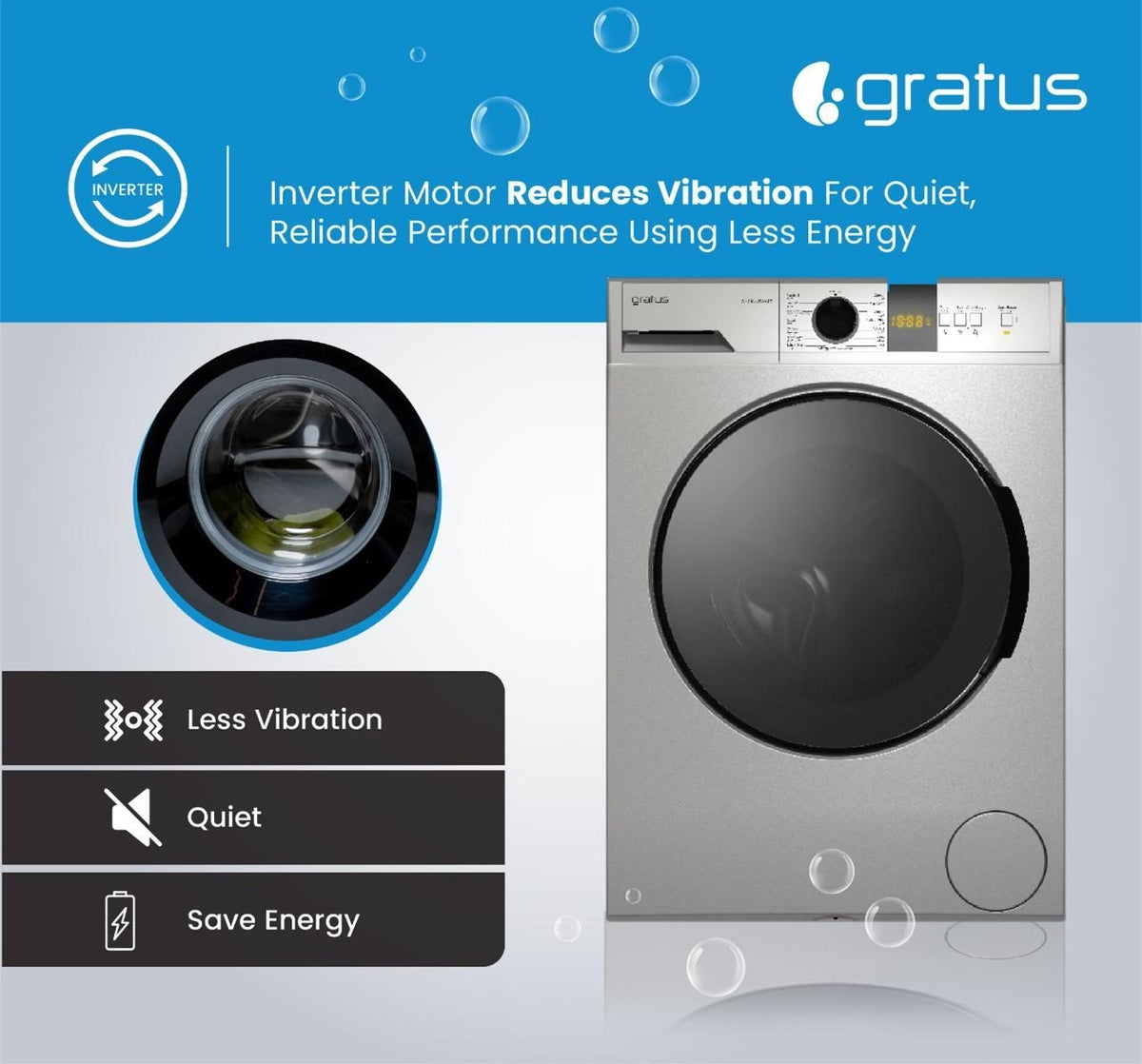 Gratus 10 KG Front Load Washing Machine, 1400 RPM 15 Wash Programs, Inverter Motor, Digital Display (Inox)  WFD1052WEVTX — Image 5