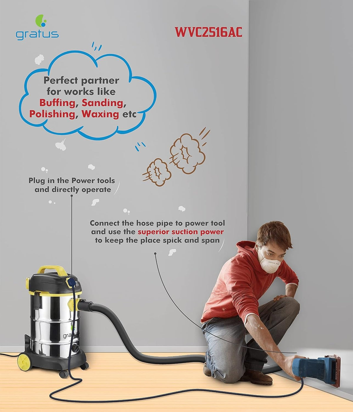 Gratus 1600W Wet, Dry & Blow Canister Vacuum Cleaner, versatile 30-liter stainless steel drum vacuum GR-WVC2516AC — Image 6