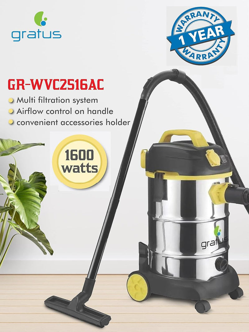 Gratus 1600W Wet, Dry & Blow Canister Vacuum Cleaner, versatile 30-liter stainless steel drum vacuum GR-WVC2516AC — Image 7